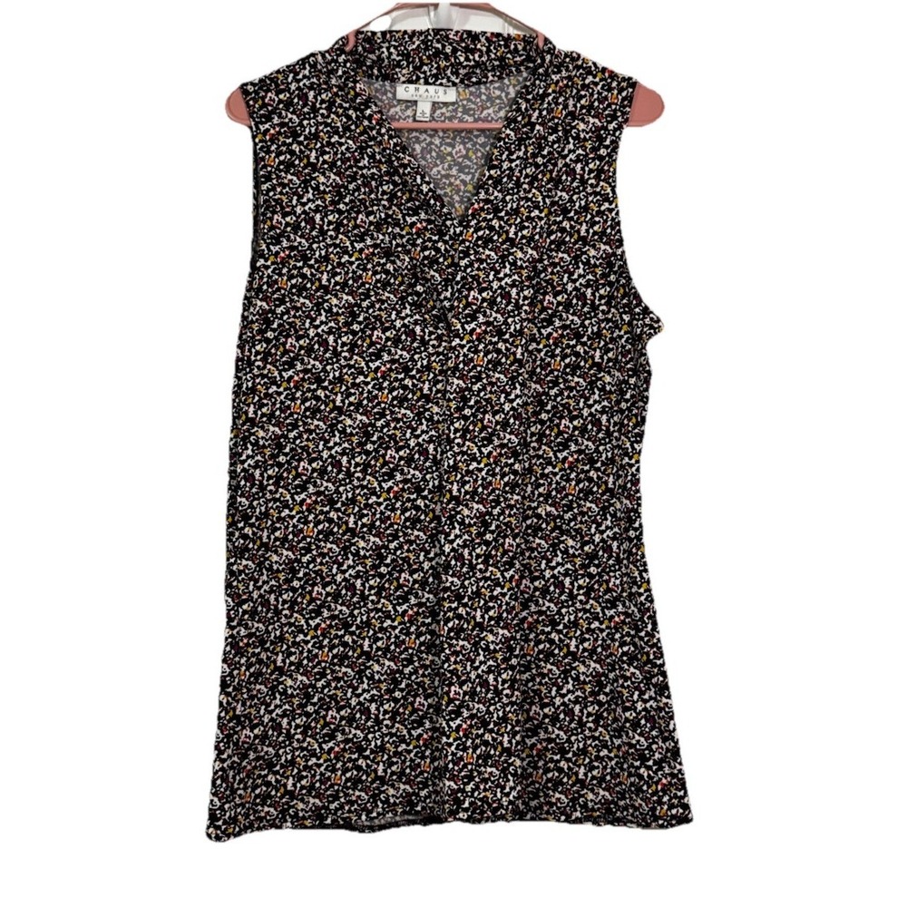 Chaus New York Sleeveless V-Neck Blouse L Large Floral Abstract Shell Career Top
